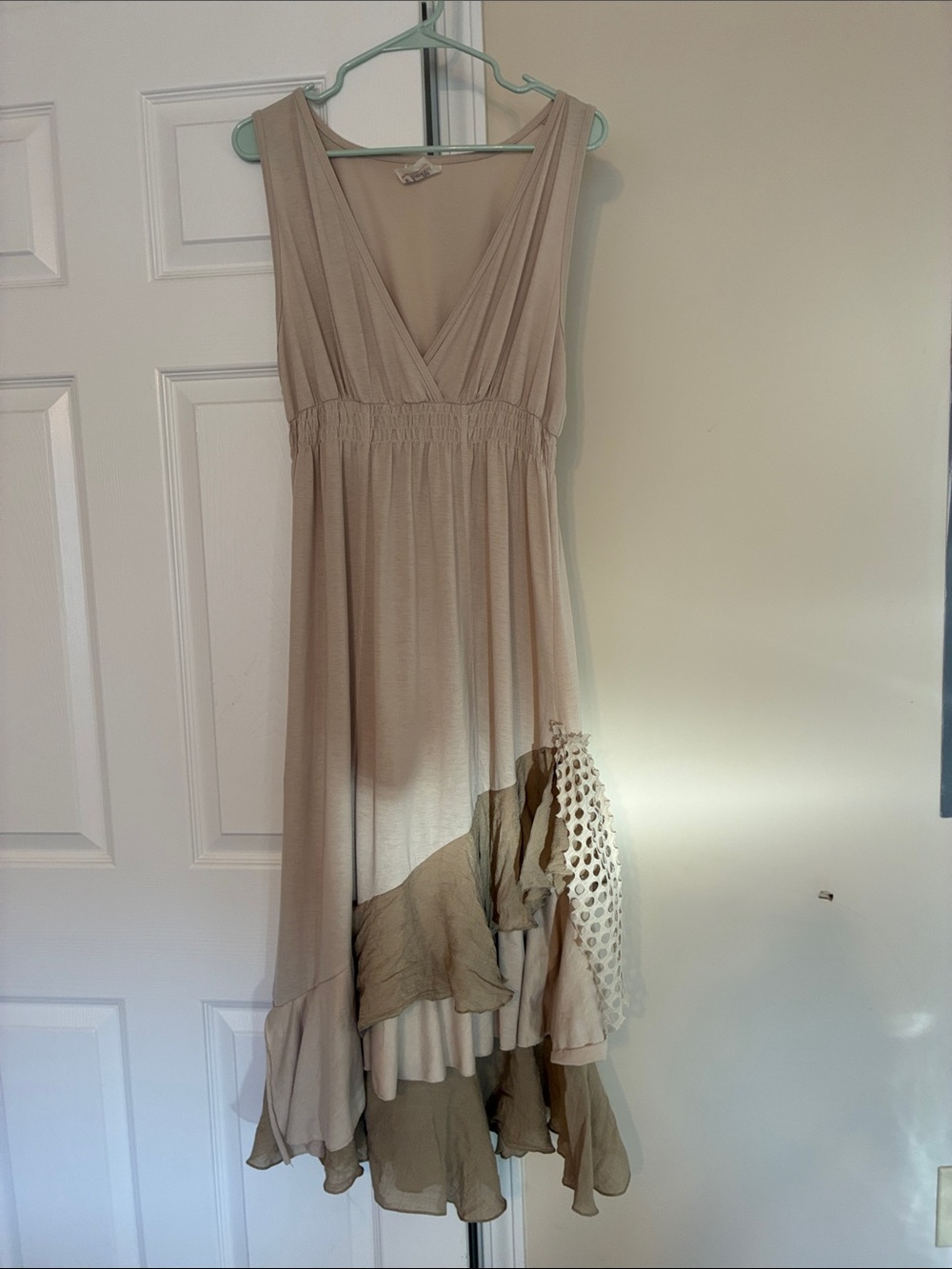 Noelle Beige and Taupe High-Low Sleeveless V-Neck Dress